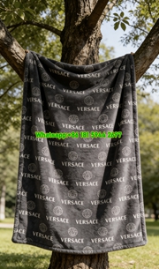 Versace All Over Logo Print Flannel Throw Blanket in Black and White with Medusa Pattern IMG_1598